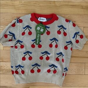Women’s Beige Knit Top with Red Cherry Pattern